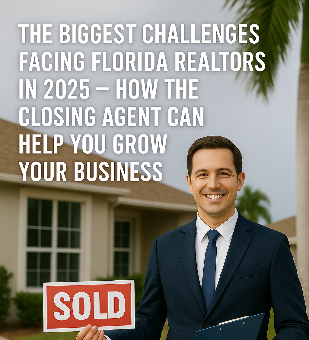 A real estate agent in a suit holding a 'SOLD' sign and a clipboard, standing in front of a house with palm trees. The text on the image reads: 'The biggest challenges facing Florida realtors in 2025 — and how the closing agent can help you grow your business.